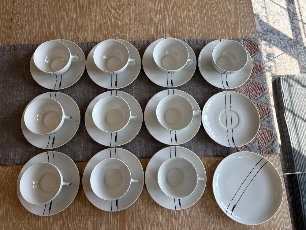 Vintage Ćmielów Poland Porcelain Coffee Tea Set - MCM Black Line Geometric